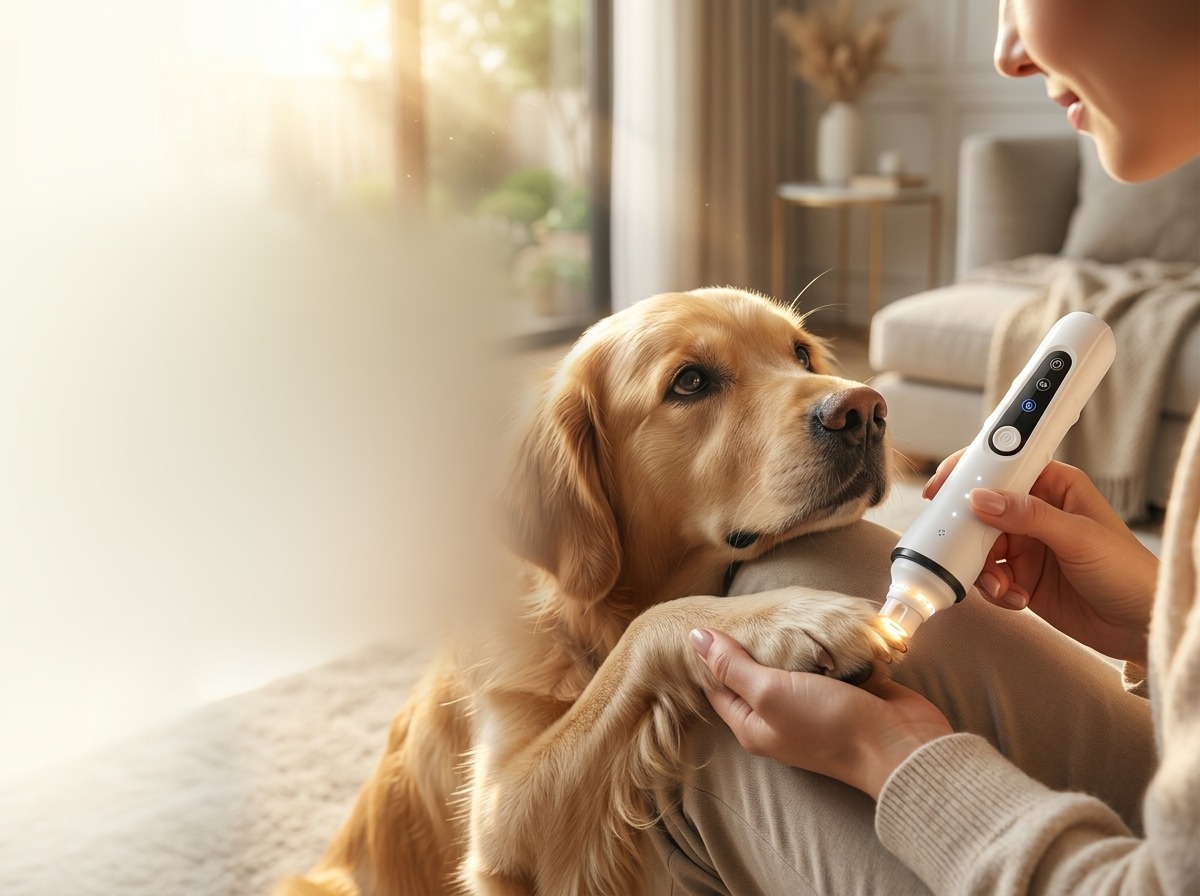 Illustrative styled photo of a dog being groomed at home