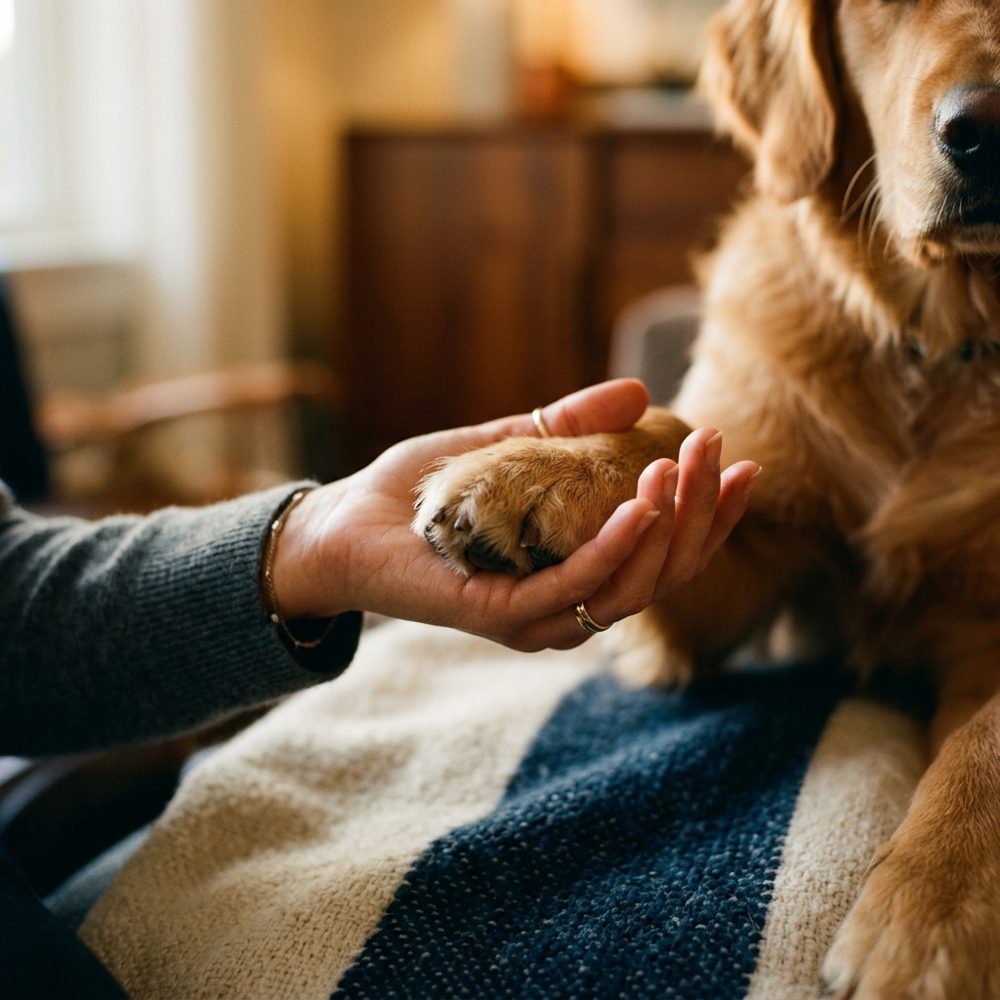 Illustrative photo: close-up of a dog's paw resting gently in an owner's open hand
