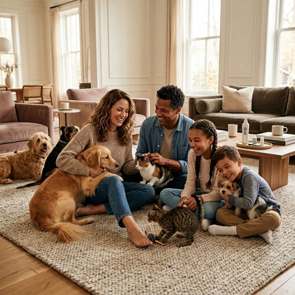 Illustrative photo: family with multiple dogs and cats together in a living room