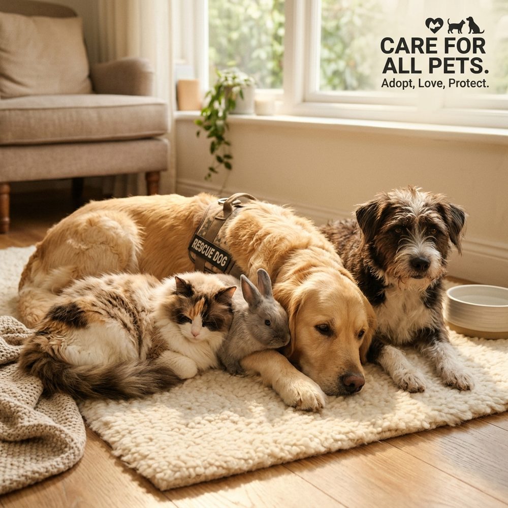 Illustrative photo: a cat, dog, and rabbit resting together, care for all pets