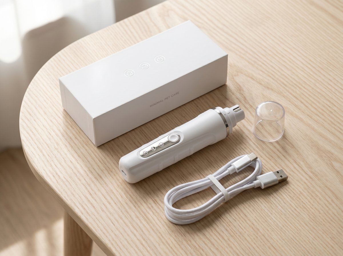 Illustrative styled photo of the device and its USB charging cable